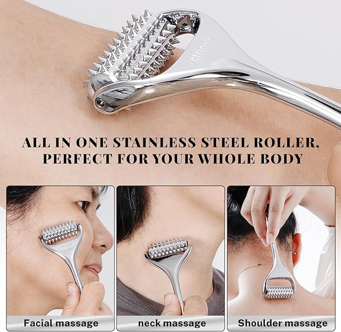 Acupuncture Massage Roller, Stainless Steel, Portable Manual Roller for Whole Body Pain Relief, Puffiness Reduce and Muscle Relaxation Massage, Silver