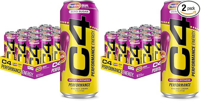 Cellucor C4 Energy Drink x Grape Popsicle, Carbonated Sugar Free Pre Workout Performance Drink with no Artificial Colors or Dyes, 16 Oz, Pack of 24