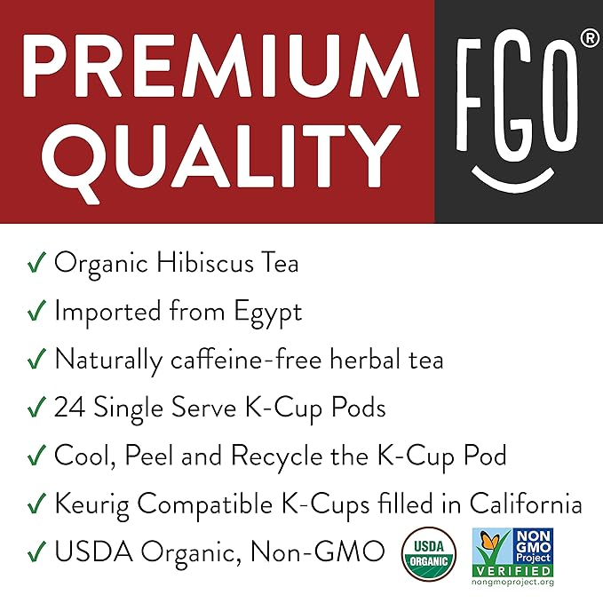 Organic Hibiscus Herbal Tea K-Cup Pods, 24 Pods by FGO - Compatible with Keurig - Naturally Caffeine-Free Tea, Premium Green Tea is USDA Organic, Non-GMO, & Recyclable