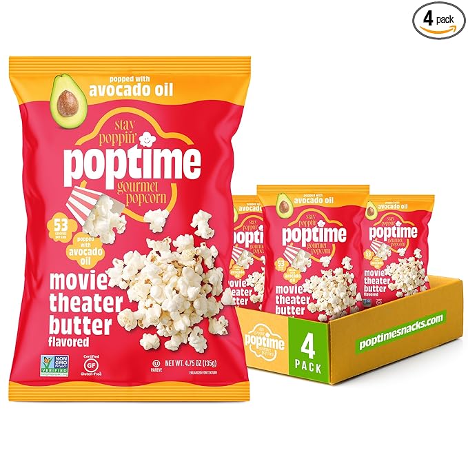 Poptime Movie Theater Butter Popcorn Snack Bags – Gourmet Flavored Popcorn Bags, Healthy Snack With Heart-Healthy Avocado Oil, Gluten Free, Vegan, Low Calorie, Non-GMO, Kosher - 4.75 oz - Pack 4
