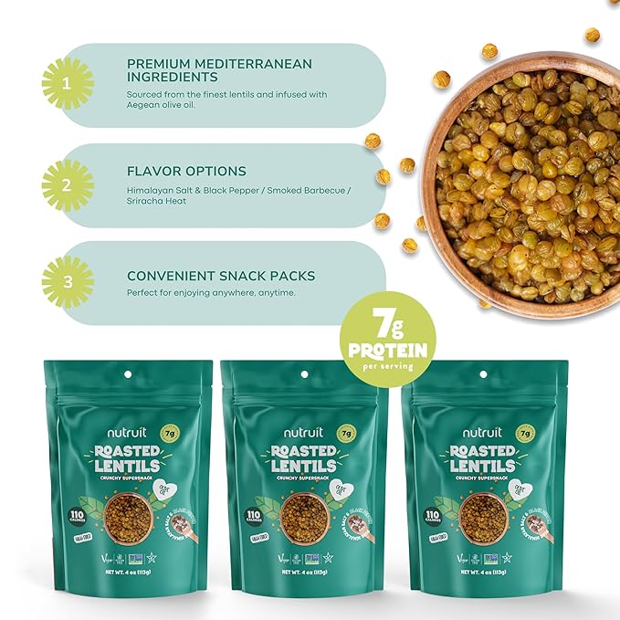 Nutruit Roasted Lentil Snacks - Tasty Snack Box with Vegan, Gluten Free, Non-GMO, High Protein, Low Calorie, Healthy On-The-Go Low Calorie Lentils Snacks - 4oz Packs (8-Pack Box) (8 Pack, Himalayan Salt & Black Pepper)