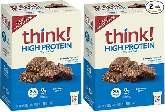 think! Protein Bars, High Protein Snacks, Gluten Free, Sugar Free Energy Bar with Whey Protein Isolate, Brownie, Nutrition Bars without Artificial Sweeteners, 2.1oz Bars, 1 Box (Pack of 2)