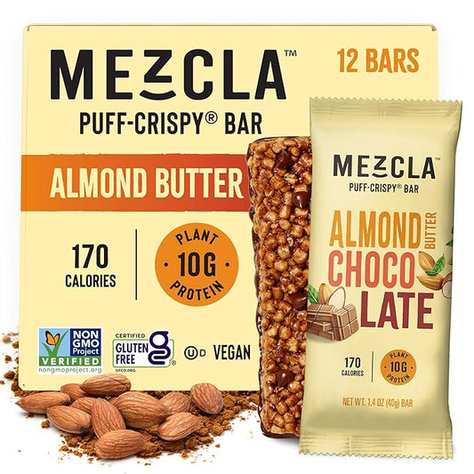 Mezcla Puff Crispy Protein Bars, Gluten Free & Vegan Protein Bars, 10g Protein, Alt for Crispy Rice Treat, Granola Bars & Breakfast Bars, Healthy Snacks for Adults, Almond Butter Chocolate, 12 Pack