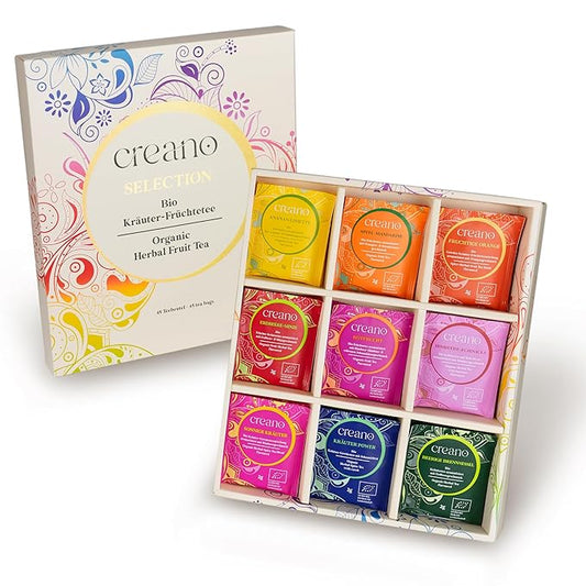 Creano Organic Fruit Tea Herbal Tea Gift Set – 45 Organic Tea Bags in 9 Dreamy Varieties – 90 g