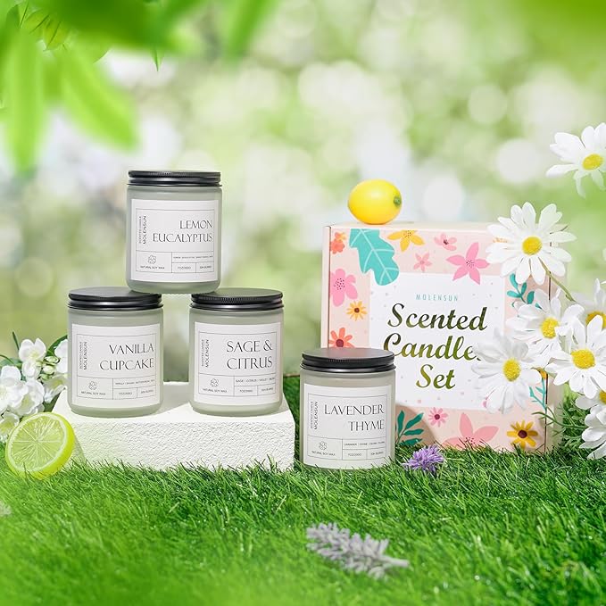 4 Pack Candles for Home Scented, Mother's Day Gifts, 28 oz Long Lasting Candles, Soy Candle Set Gift for Women - Lavender Thyme/Lemon Eucalyptus/Sage &Citrus/Vanilla Cupcake