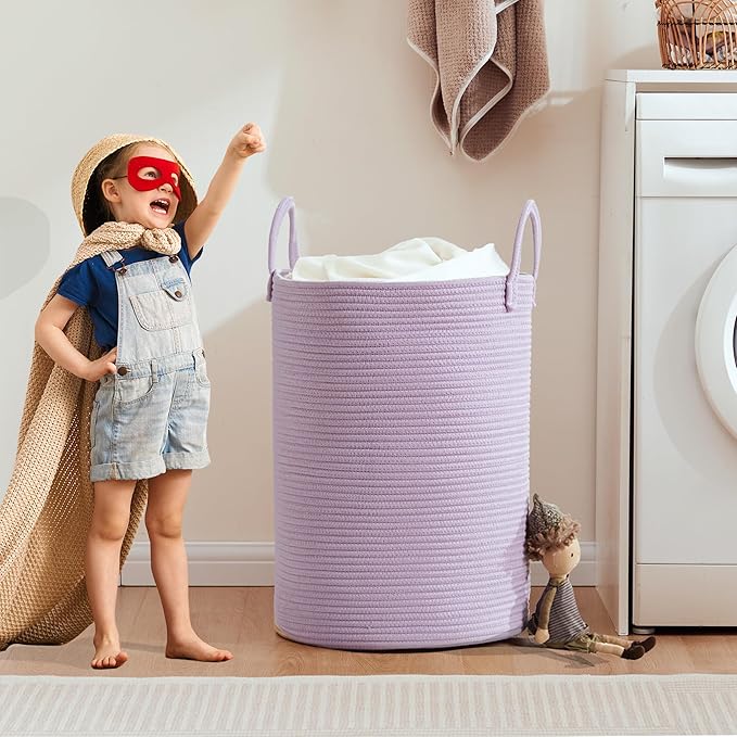 80L Extra Large Purple Hamper Laundry Basket for Nursery Kids16Dx22H inches Tall Lavender Blanket Basket for Girls Cotton Rope Lilac Clothes Hamper in Bedroom