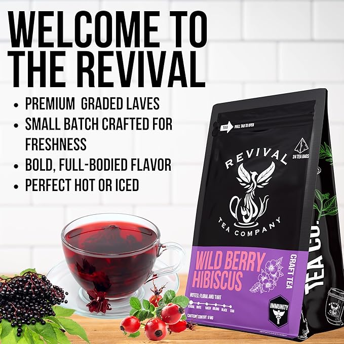 Revival Tea Company Wild Berry Hibiscus Tea - Herbal Tea Blend with Elderberry and Natural Wild Berry Flavor - Caffeine Free - Loose Leaf 6 Ounces
