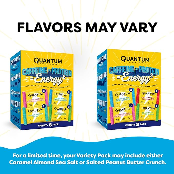 Quantum Energy Square: Energy Bar with Caffeine & 10g Protein. Delicious Healthy Snack On The Go. (Vegan, Gluten-free, Soy-free, Dairy-free) (Variety 8-Pack)