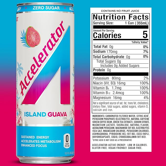 Accelerator Energy Drink Sugar Free, Island Guava 12oz can(12 pack),Zero Sugar Energy Drinks with Sustained Energy from 100% Natural Caffeine (200mg) & Green Tea extract
