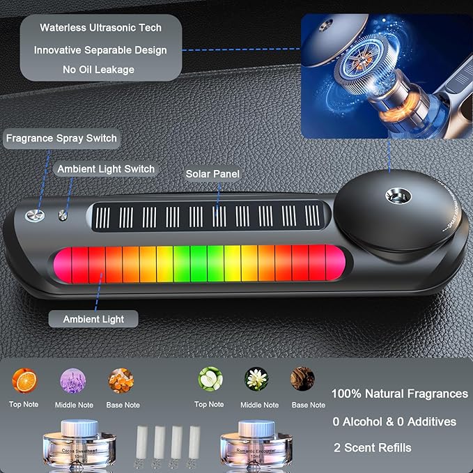 Solar Smart Car Air Freshener, Car Air Freshener Diffuser with Auto On/Off, Aluminum Alloy Body,3 Adjustable Concentration, No Oil Leakage, Built-in Battery, Ambient Light, Natural Fragrance