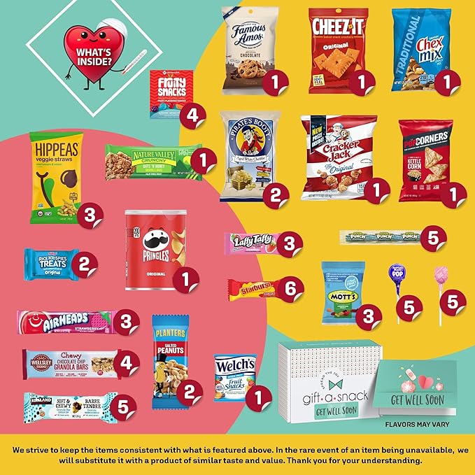 Gift A Snack - Get Well Soon Snack Box Variety Pack Care Package + Greeting Card (60 Count) Feel Better Sweet Treats Gift Basket, Candies Chips Crackers Bars - Cravy Food Assortments & Variety Gifts