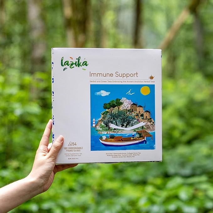 Lazika Herbal Tea Variety Pack with Lovely Presentation Box, 54 Counts, Immune Support Tea Assortment Gift Set, Premium Collection with Pyramid Infuser Bag, Handcrafted