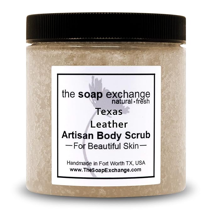 The Soap Exchange Sugar Body Scrub - Texas Leather Scent - Hand Crafted 8 fl oz / 240 ml Natural Artisan Skin Care, Shea Butter, Exfoliate, Moisturize, & Protect. Made in the USA.