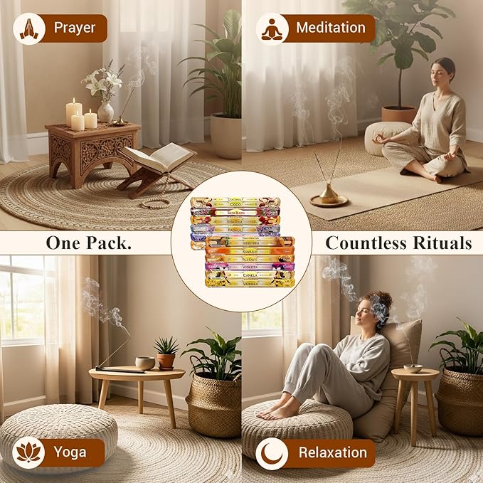 Tulasi Incense Sticks Pack of 12 Natural Scent (240 sticks) Variety Fragrance of Coconut, White Sage, Red Rose, Palo Santo Lavender & Cinnamon etc, Ideal For Meditation & Positive Vibes, Thanks Giving