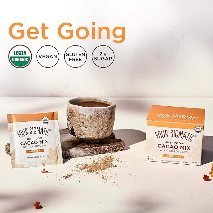 Four Sigmatic Boost Mushroom Cacao | Organic Instant Cacao with Cordyceps & Ginger | Supports Stamina & Energy | Drink it or Bake with it | 10 Packets