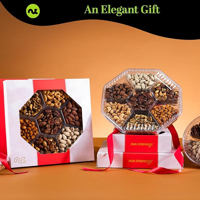NUT CRAVINGS - Diwali Sweets Hamper Mixed Nuts Gift Basket in Red Gold Box (7 Assortments, 1 LB) Food Arrangement, Healthy Snack Care Package, Food Assortments