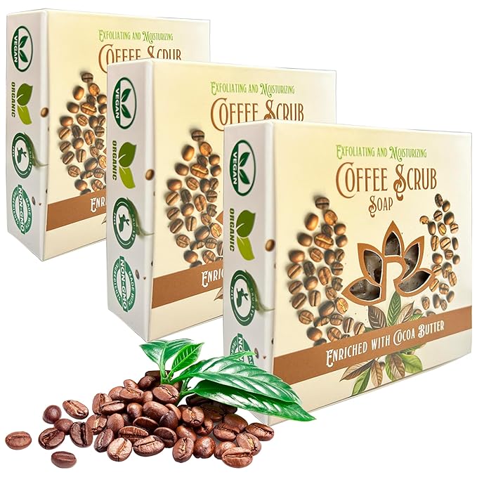 100% Handmade Coffee Scrub Soap Bar with Fresh Ground Coffee and Cocoa Butter - Cold Process Soap with Latte Aroma Oil - Good Scrubbing Effect - Perfect for Body Exfoliating and Moisturizing (3 bars)