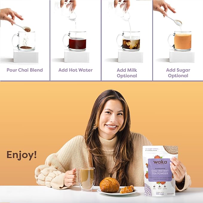 Waka Traditional Chai Tea Powder Mix - Chai Tea Concentrate Sugar Free. Pure Leaves from India, Natural Spices, Unsweetened, No Additives (4.5oz Pouch, 195 Servings)