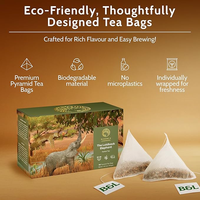 Blooms & Leopard Premium Herbal Tea Bags | The Laidback Elephant Blend | Rooibos, Apple, Lemongrass, Lemon Peel & Coconut Flakes | Caffeine-Free Herbal Infusion for Relaxation, Detox & Wellness | 20 Pyramid Tea Bags