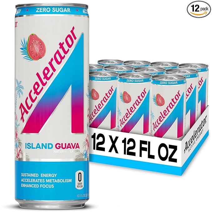 Accelerator Energy Drink Sugar Free, Island Guava 12oz can(12 pack),Zero Sugar Energy Drinks with Sustained Energy from 100% Natural Caffeine (200mg) & Green Tea extract