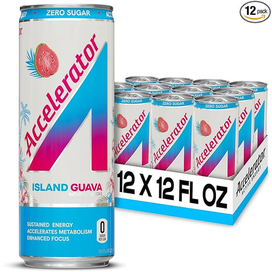 Accelerator Energy Drink Sugar Free, Island Guava 12oz can(12 pack),Zero Sugar Energy Drinks with Sustained Energy from 100% Natural Caffeine (200mg) & Green Tea extract