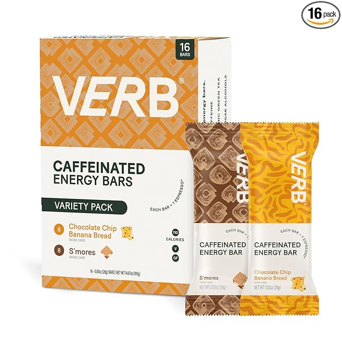 Verb Caffeinated Energy Bars Variety Pack - 2 Delicious Flavors (26g, Pack of 16) 110-Calorie Delicious Low Sugar Energy Bar, Vegan & Gluten Free On-the Go Snack with 80mg Green Tea Caffeine