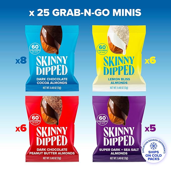 SkinnyDipped Snack Attack Minis Almond Variety Pack, Healthy Snack, Plant Protein, Gluten Free, 0.46 oz Mini Bags, Pack of 25