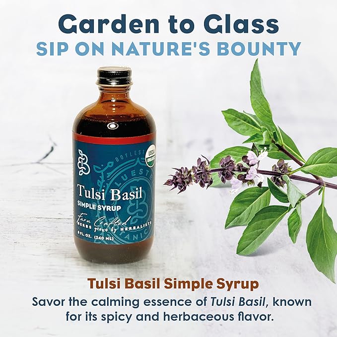 Bluestem Botanicals Organic Tulsi Basil Simple Syrup, 8 oz, Cocktail and Mocktail Mixer for Drinks, Non-Alcoholic