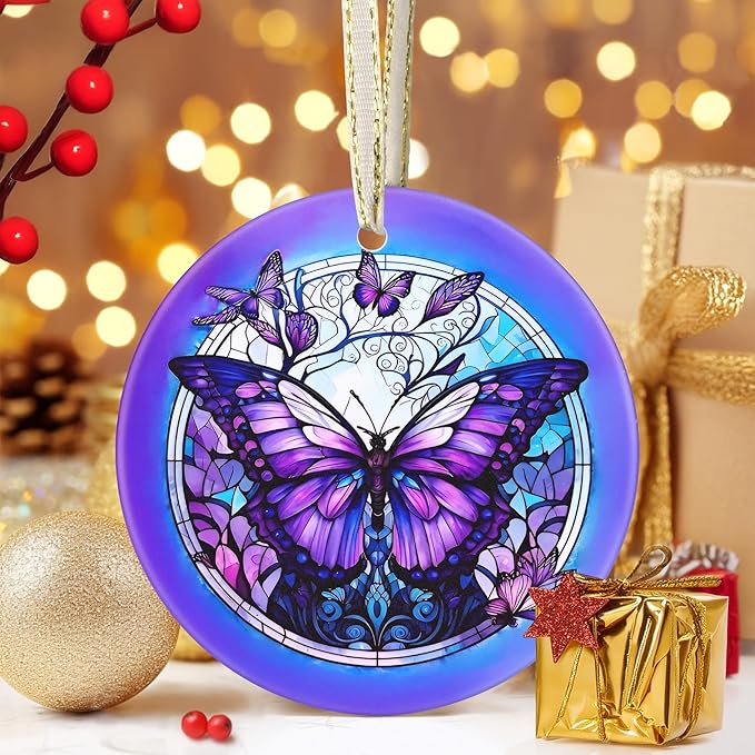 Butterfly Ceramic Christmas Ornament - 3.5 Inch Hanging Decoration for Christmas Tree, Gift Exchange or Holiday Presents