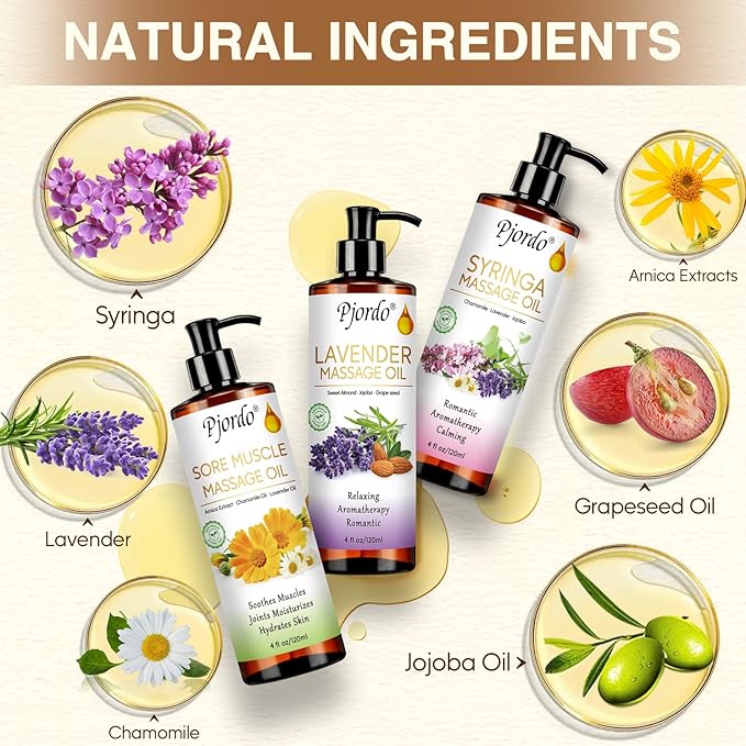 Body Massage Oil for Massage Therapy Kit, Lilac, Lavender, Sore Muscle Arnica Oil with Massage Roller Ball, Relaxing Massage Oils for Pain Relief, Spa Gift Set for Him Her