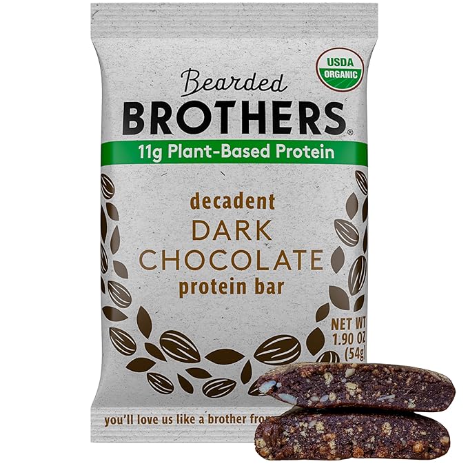 Bearded Brothers Organic Protein Bars, Dark Chocolate (10 Pack) - 11g of Plant Based Protein Gluten Free Vegan, Non-GMO Healthy Snacks for Adults Good Source of Fiber