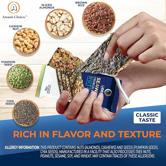 Seaweed Crunch with Nuts Classic Taste– Amazin Choices Vegan Snack Bars with Cashews, Almonds & Pumpkin Seeds – Premium Asian Chips – Seaweed Sheets – Sandwich Seaweed – Variety Pack