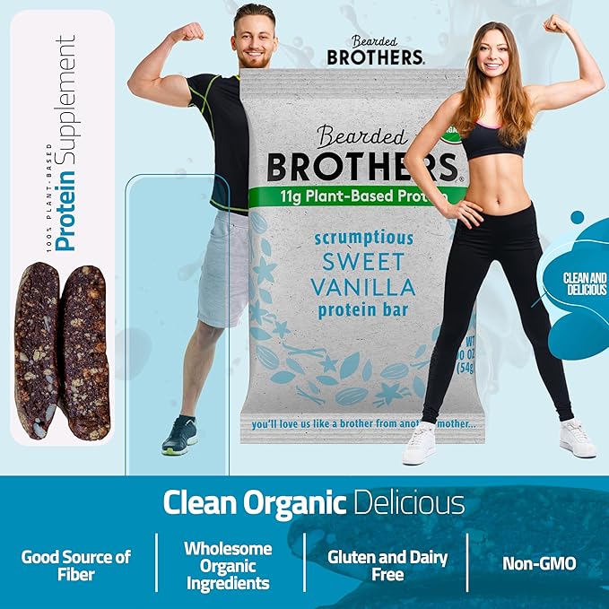 Bearded Brothers Organic Protein Bars, Vanilla (10 Pack) - 11g of Plant Based Protein Gluten Free Vegan, Non-GMO Healthy Snacks for Adults Good Source of Fiber