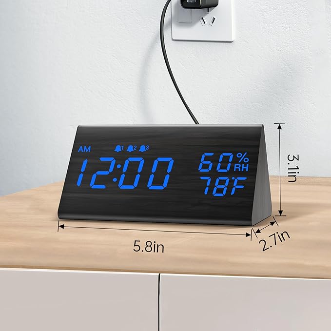 Digital Alarm Clock, with Wooden Electronic LED Time Display, 3 Alarm Settings, Humidity & Temperature Detect, Wood Made Electric Clocks for Bedroom, Bedside (Black - Blue Led)