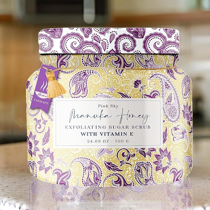 Pink Sky Exfoliating Body Scrub - Ultra Gentle Sugar Scrub for Smooth Skin - Premium Body Scrubs for Radiant, Soft Skin - Ideal Exfoliator for All Skin Types - 700g (Manuka Honey, 24.69 Oz)