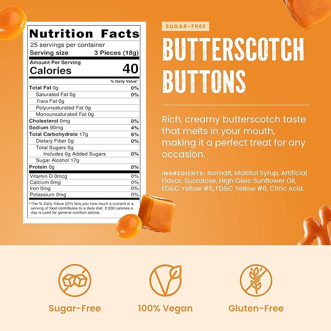 Cambie Sugar Free Butterscotch Hard Candy – 1 lb of Individually Wrapped Sugar Free Hard Candy, Smooth & Creamy Butterscotch Buttons, Keto & Diabetic Friendly
