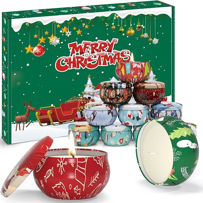 Christmas Candles Gifts Set for Women, Primevolve Scented Candles for 12 Bulk Home Aromatherapy, Strongly Fragrance Long Lasting Portable Travel Tin for Spa Bath Yoga