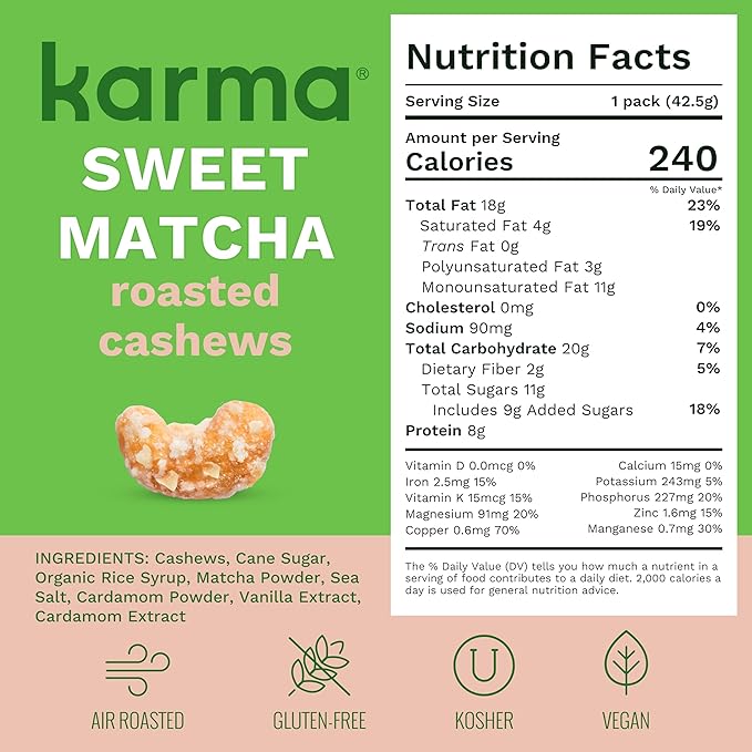 Sweet Matcha Cashews with Skin by Karma Nuts, Whole, Sweet, Roasted, Vegan, Gluten Free, Low Net Carb, Natural, Everyday Nut Snack, 1.5 Ounce (12 Snack Packs)