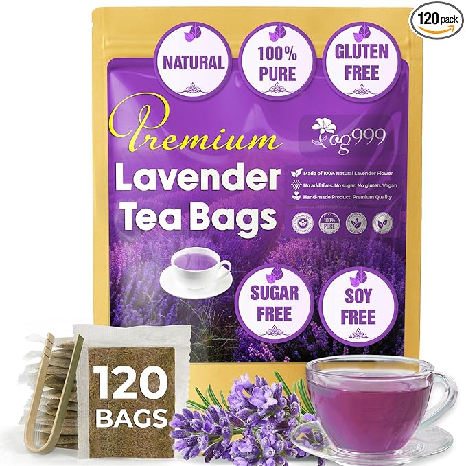 120 Lavender Flower Tea Bags, 100% Natural & Pure. Loose Flower Lavender Herbal Tea. No Sugar, No Caffeine, No Gluten, Vegan.