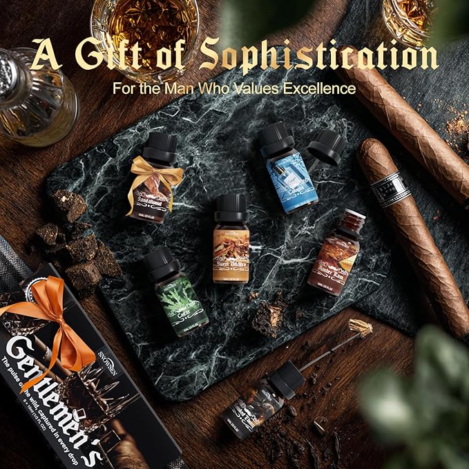 Men Diffuser Oils Gift Set, SNOWSEN Gentlemen's Essential Oil Set for Diffuser for Home, Candles Scents & Perfume, Sandalwood, Cologne, Smoked Ebony, Amber Rum, Cedar, Sweet Tobacco