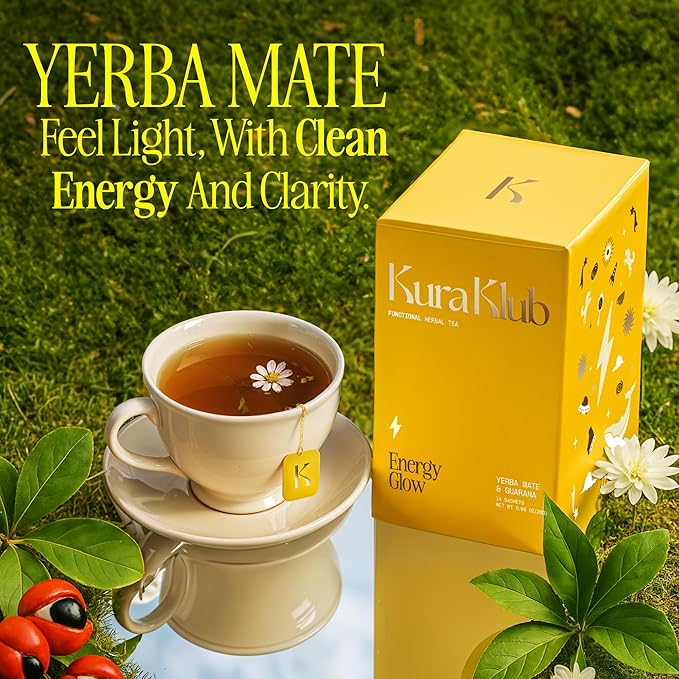 Kura Klub Yerba Mate Energy Glow Tea – Premium Energy Herbal Tea with Guarana, Ginger & Peppermint for Digestion, Gut Health & Satiety – Jitter-Free, No Crash – 3-in-1 Wellness Blend – Caffeine Alternative, No Microplastics – 14 Premium Teabags
