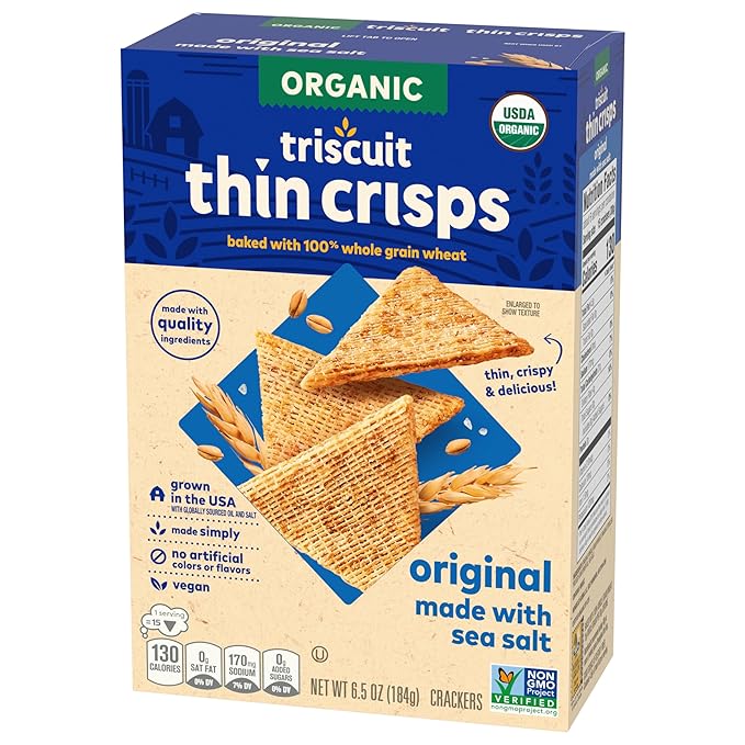 Triscuit Organic Original Whole Grain Wheat Crackers, Organic Crackers, Vegan Snacks, Bulk Lunch Snacks, 6 - 6.5 oz Boxes