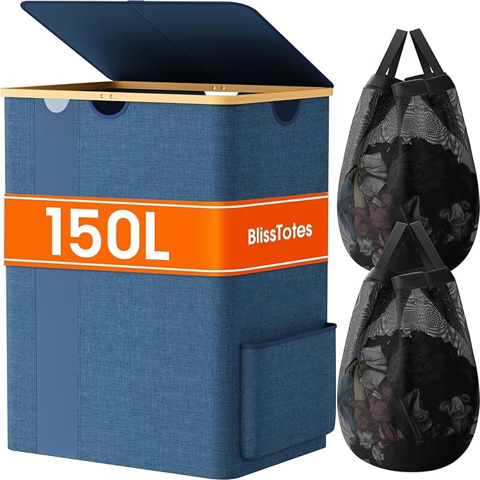 Laundry Basket Clothes Hamper with Lid and Pocket Large Collapsible Laundry Baskets with Handle, Freestanding Hampers for Bedroom Aesthetic, Dorm, Bathroom, Laundry Room (150L,Light Blue)