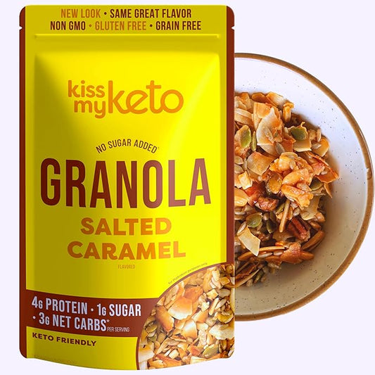 Kiss My Keto Sugar Free Granola, Salted Caramel 1-Pack – Curb Cravings with Few Net Carbs – Allulose Sweetened, Resealable & Gluten-Free Crunchy Clusters – Grain Free Granola Great With Yogurt or Milk