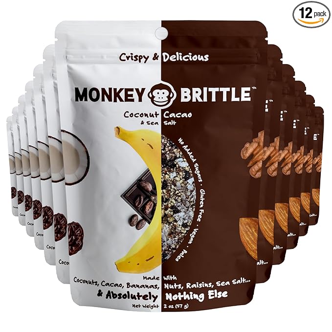 Monkey Brittle Healthy Snacks, Crispy Plant-Based Treats for Kids & Adults, Vegan & Gluten-Free, All-Natural Snack for School, Sports, Camping & On-the-Go (Pack of 12), Cacao Coconut