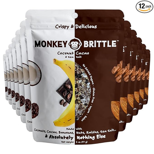 Monkey Brittle Healthy Snacks, Crispy Plant-Based Treats for Kids & Adults, Vegan & Gluten-Free, All-Natural Snack for School, Sports, Camping & On-the-Go (Pack of 12), Cacao Coconut