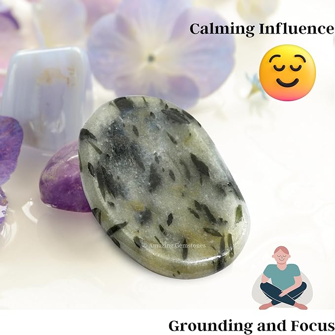 Amazing Gemstone Green Tourmaline in Quartz Worry Stone Crystals and Healing Stones - Worry Stones for Stress Relief Gift - Piedra Crystal Fidget for Meditation - Stocking Stuffers and Birthday Gift