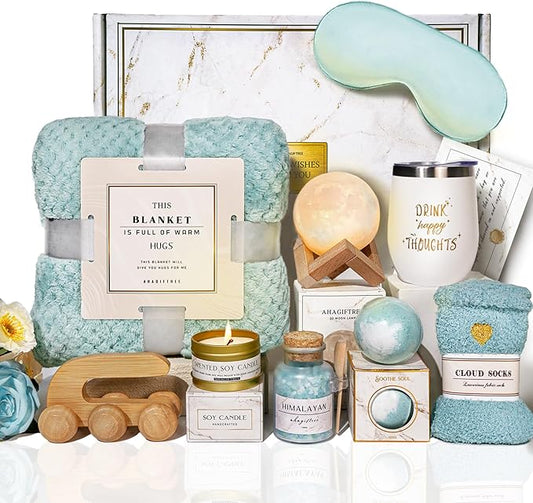 Birthday Gifts for Women Self Care Gifts Get Well Soon Gifts Baskets for Women After Surgery with moon lamp, 11PC Spa,Thinking of You Gift, Care Package for Mom Friend (turquoise)