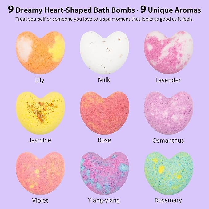 Heart-Shaped Bath Bomb Set – 9 Colorful Fizzies with Essential Oils, Spa & Stress Relief Gifts for Her & Him, Ideal for Birthday, Mother’s Day, Valentine’s Day & More