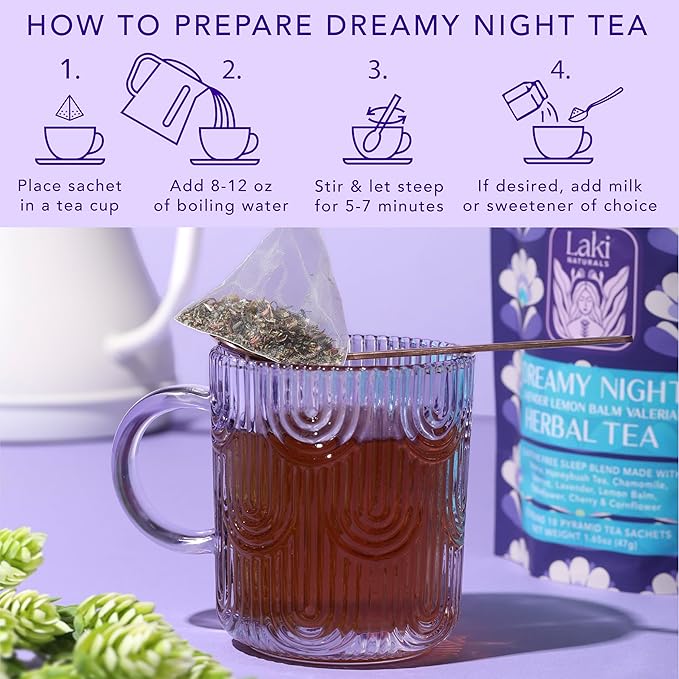 Dreamy Night Sleep Tea (1.65 oz, Pack of 18 Tea Bags) – Sleepytime Calming Caffeine Free Tea Herbal Blend with Valerian Root, Chamomile, Lemon Balm, Passionflower and Lavender for Bedtime